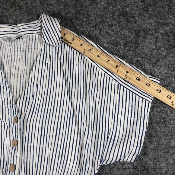 Zara Women's Romper Size Small White Blue Stripe Linen Blend Button Front - Picture 8 of 16
